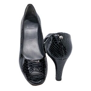 Stuart Weitzman Patent Leather Peep Toe Women 9.5M Black Embossed Pump Snakeskin